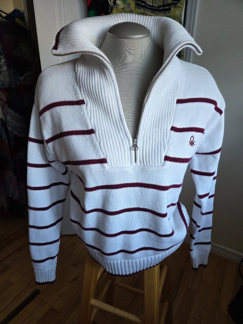Benetton Zip Sweater Striped Cotton Rib Knit Preppy S